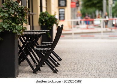 Abstract Blurred Background Street Cafe Or Restaurant In The City. No People, Empty, Summer Restaurant Quarantine. Covid, Restriction In Prague. Angry People.