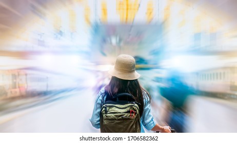 Abstract Blurred Background Of Travel Technology. Tourism Industry Digital Transformation Innovation To Virtual Augmented Reality For Futuristic Holiday Journey On Coronavirus Quarantine City Lockdown