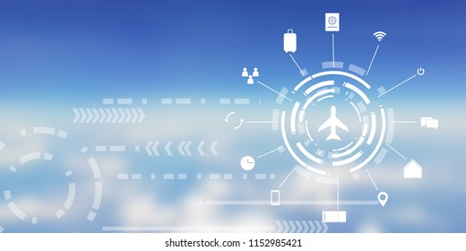 Abstract Blurred Blue Sky And White Cloud From Window Seat Airplane Background With Virtual Air Transportation Business And Travel Icon Concept