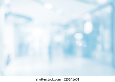 Abstract Blurred Bright Blue Color Of Interior Office Workplace Background Concept.