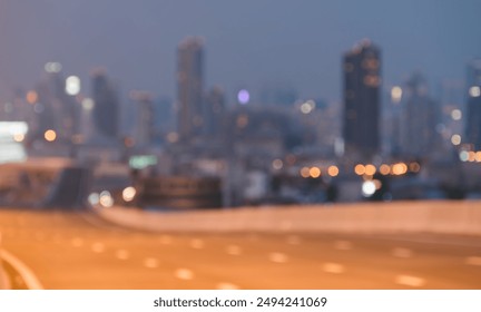 Abstract blurred cityscape at twilight with tall skyscrapers against hazy sky. City building lights twinkle in urban atmosphere background. - Powered by Shutterstock