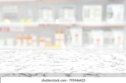 Abstract Blurred Clean Pharmacy Drug Store Shelf With Medicine For Shopping With White Marble Texture Plain For Ads,promote Product On Display 