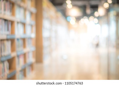 Abstract Blurred Empty College Library Interior Space. Blurry Classroom With Bookshelves By Defocused Effect. Use For Background Or Backdrop In Book Shop Business Or Education Resources Concepts