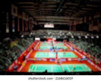 Abstract Blurred Of Green Badminton Court With Spotlight