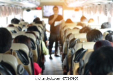Abstract Blurred image of Private bus with tourists and guided tour.