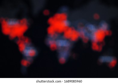 Abstract blurred image World map of Coronavirus. Wuhan China virus texture confirmed cases report worldwide globally. Black background, red spread points around earth. Close-up countries with Covid-19