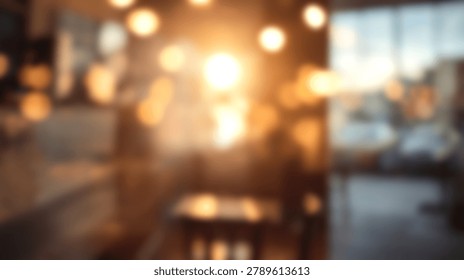 Abstract blurred interior of a cafe featuring warm golden bokeh light circles and soft evening sunlight in a defocused setting