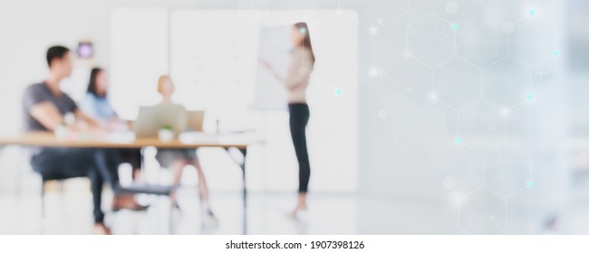 Abstract Blurred Interior Modern Office Space With Business People Working Banner Background With Copy Space.