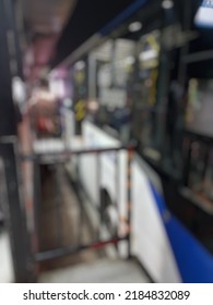 Abstract Blurred Of Jakarta Bus Transportation  ( Busway ) With Bokeh Light Background.