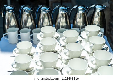 Abstract Blurred Many Rows Of Coffee Tea Cups With Coffee Dispenser