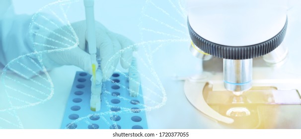 Abstract blurred medical laboratory background, scientist's hand in latex glove pipetting blood serum samples for genetic DNA tests and vaccine development research with DNA molecules and microscope