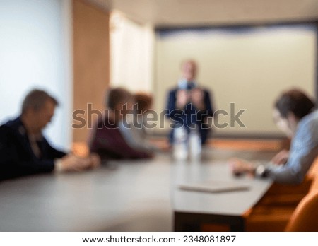 Abstract Blurred Office Workspace Atmosphere. Abstract Soft Focus Office Interiorscape. Abstract Office Interior with Soft Focus People Gathering Сток-фото © 