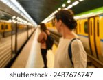 Abstract blurred of passengers walking on walkway at railway station use for the background. Blurred people waiting for subway at station, transportation background. background of people in subway