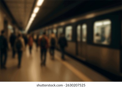 Abstractas borroso de los pasajeros que caminan por la pasarela en la estación de tren de uso para el fondo. Gente borrosa que espera el metro en la estación, fondo del transporte. fondo de la gente en metro