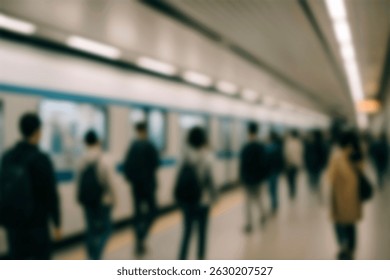 Abstractas borroso de los pasajeros que caminan por la pasarela en la estación de tren de uso para el fondo. Gente borrosa que espera el metro en la estación, fondo del transporte. fondo de la gente en metro