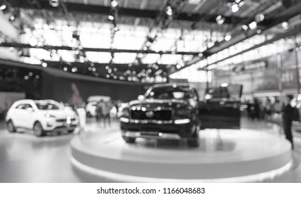 Abstract Blurred Photo Of Motor Show, Car Show Room