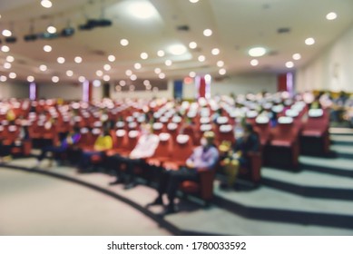 Abstract Blurred Of Put Spaces Between Attendee In Seminar Room Or Conference Hall For Social Distancing To Prevent The Spread Of Covid-19. New Normal Life Concept.