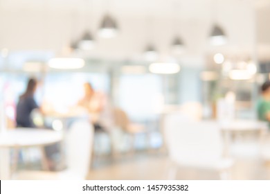 Abstract Blurred Restaurant Background. Blurry Cafe Or Coffee Shop With Dining Tables, Chairs And Other Decorations. Blur Backdrop For Design Element. Food And Beverage Concept.