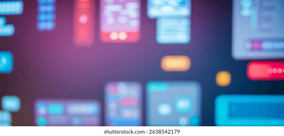 Abstract blurred screen with colorful graphical user interface elements and dark background.futuristic photos with premium quality for poster and banner backgrounds