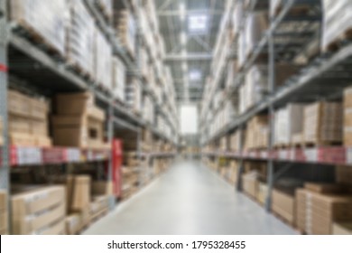 Abstract Blurred Shopping Mall Interior Background. Blur Corridor Or Aisle Of Supermarket, Grocery Store Or Warehouse For Backdrop And Design Element Use. Defocused Background With Bokeh