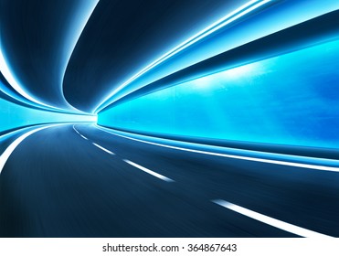 Abstract Blurred Speed Motion Road In Glass Tunnel Underwater,cold Mood