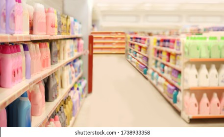 Abstract Blurred Supermarket Aisle .shopping In Supermarket (washing Powder,detergent,shampoo, Soap)	