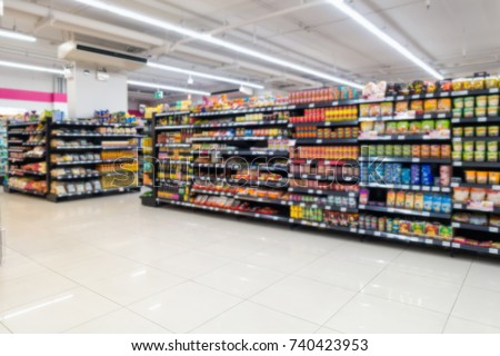 Abstract blurred in supermarket  and commodity product on shelf.