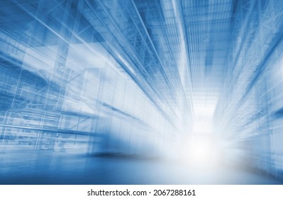 Abstract Blurred Warehouse For Industrial or Logistics Background. Warehouse Space an Light background. Business Distribution Storage Cargo Concept.	