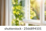 Abstract blurred window in a sunlit living room with a garden view, blending indoor and outdoor serenity. Ideal for interior decor and relaxation themes.