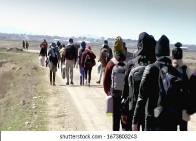 Abstract, blurry, out of focus image for media and internetа. A group of unorganized people are trying to illegally cross the border. - Shutterstock ID 1673803243