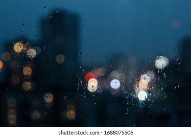 Abstract Bokeh Night  Light In City Background, Night City Through Rain Window, Defocused Background