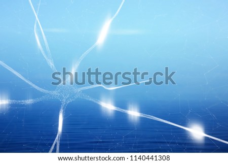 Abstract brain neuron cell network on blue motion blurred seascape background.