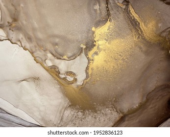Abstract brown art with gold — beige background with grey, beautiful smudges and stains made with alcohol ink and golden pigment. Brown fluid art texture resembles watercolor or aquarelle.