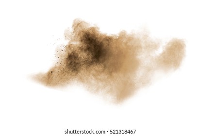 Abstract brown powder splattered on white background.Abstract design of color dust cloud against white background.