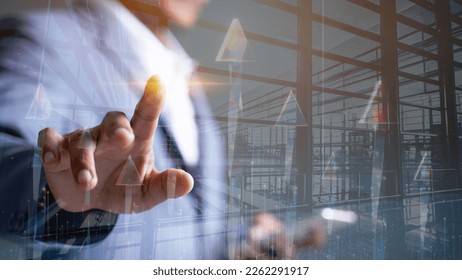 Abstract building and double exposed businessman, arrow pointing at strategic target Planning for Industrial Growth Development success sector marketing concept and the ideology of the team