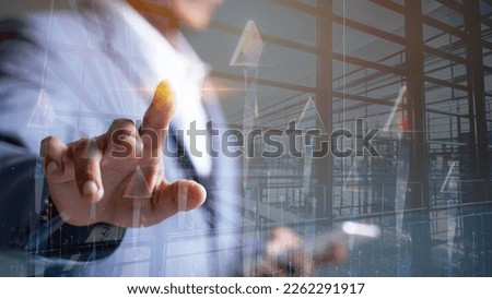 Abstract building and double exposed businessman, arrow pointing at strategic target Planning for Industrial Growth Development success sector marketing concept and the ideology of the team