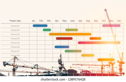 abstract business background of civil construction site with tower cranes and overlay with project timeline schedule chart and gantt chart
