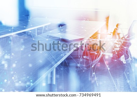 Abstract business background with meeting room and internet network effect. Double exposure