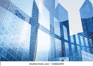 Abstract Business Interior Background, Blue Window Double Exposure, Technology