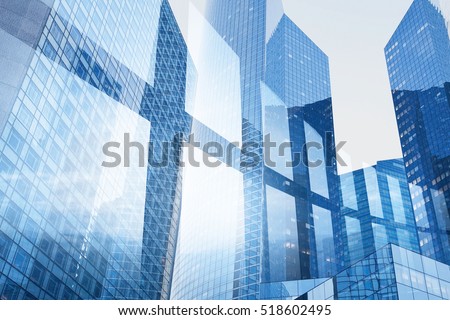 abstract business interior background, blue window double exposure, technology