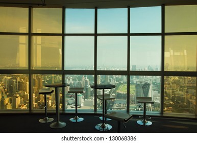 abstract business interior with glass wall and panoramic view