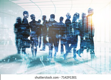Abstract businessmen silhouettes in spacious office interior on city background. Meeting concept. Double exposure 