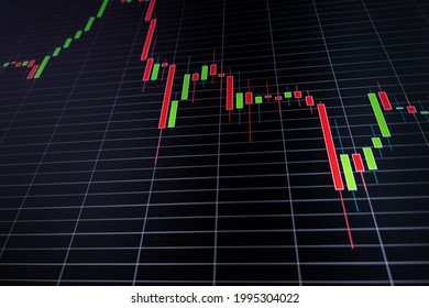 Abstract candlestick chart on dark blue digital screen. Stock market or crypto data chart, graph with rectangular grid on blue background.