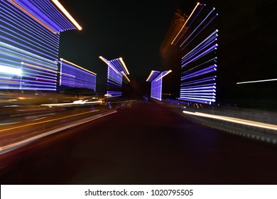 Abstract Car Trail On Road. Abstract Image Of Night Traffic Light On Street