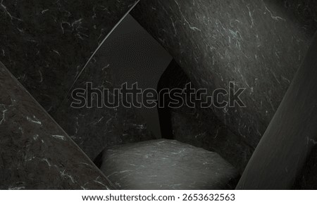 abstract cavernous scene with a hexagonal platform at its center, composed of textured, dark-grey stone-like material veined with glowing teal lines; suggestive of a mystical or futuristic setting