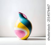 Abstract Ceramic Vase with Swirling Yellow, Pink, and Teal Design