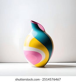 Abstract Ceramic Vase with Swirling Yellow, Pink, and Teal Design