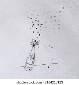 Abstract Champagne Bottle With Colored Fireworks Flakes. Flat Lay Of Celebration. Soft Focus.