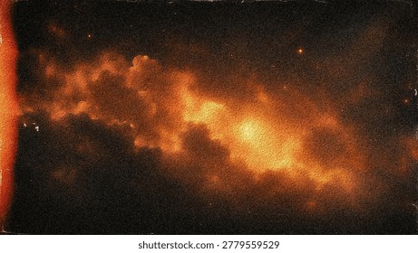 Abstract cinematic fire cloud background with glowing orange smoke textures, dark atmospheric tones, grainy film effect, and dramatic cosmic aesthetic.