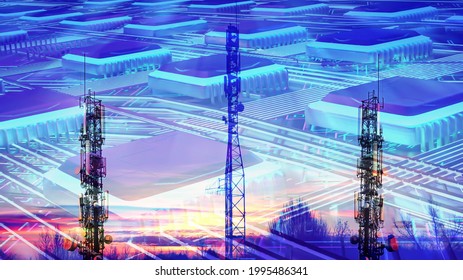 Abstract circuit board of a computer processor microchip with three cellular communication tower. . Double exposure. - Powered by Shutterstock - Get 15% off with code: PIKWIZARD15